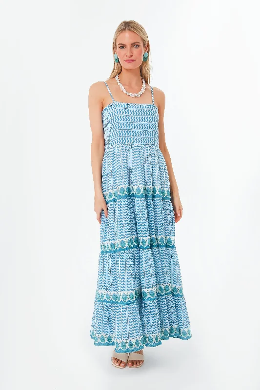 Maxi dress with lace-up front-Blue Marley Smocked Back Maxi Dress