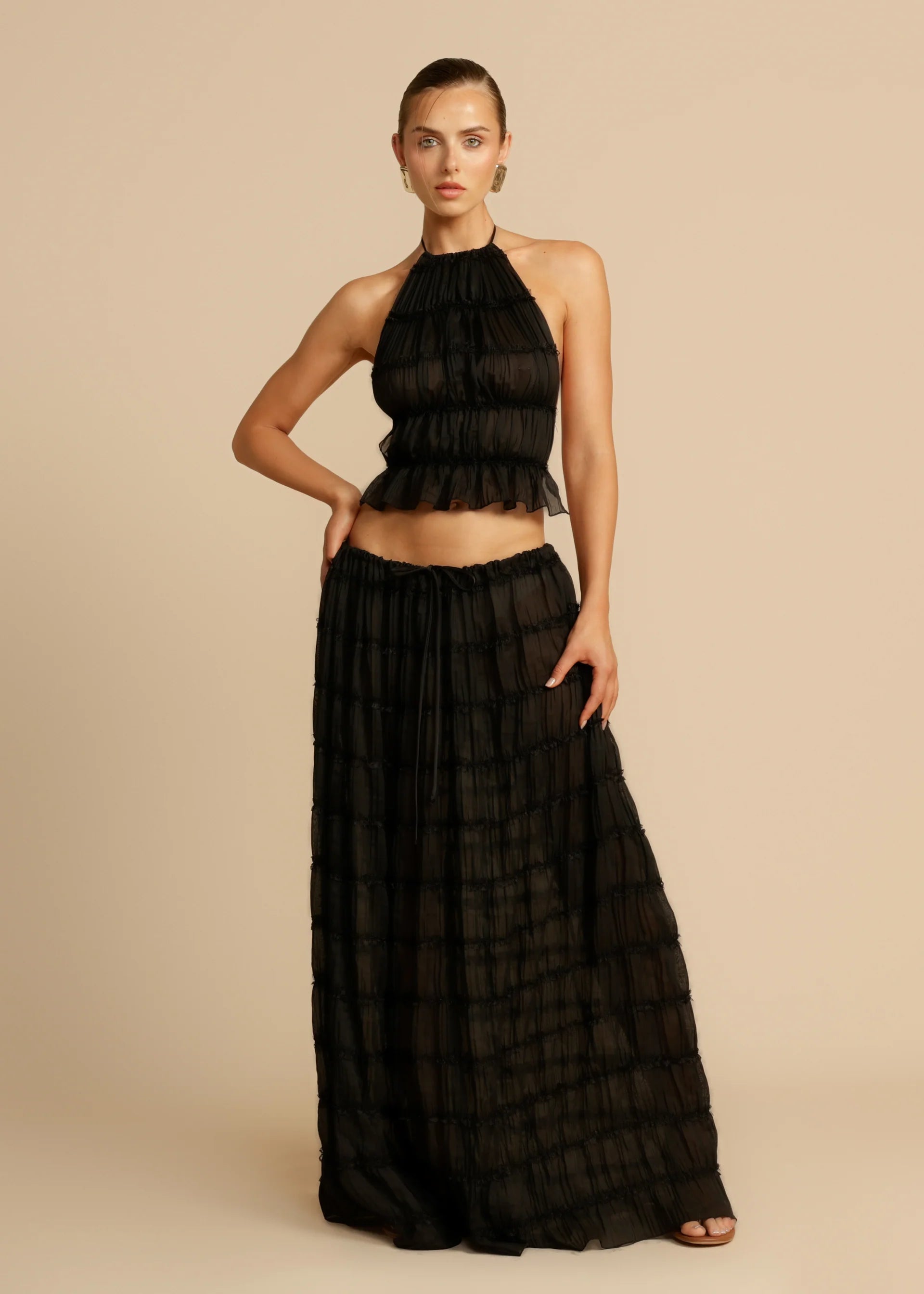 Maxi dress with shimmer fabric-Juliette Halter top & Maxi Skirt - Black