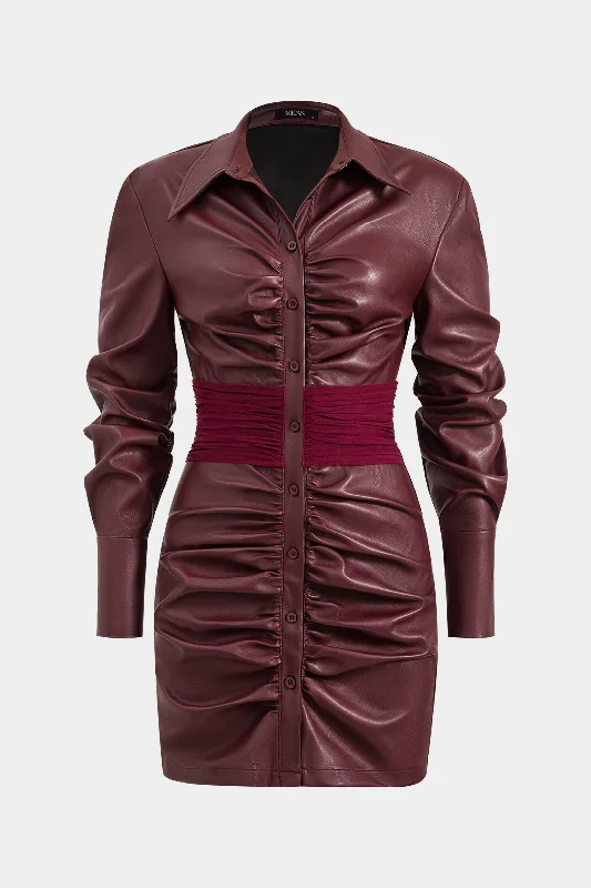 Faux leather mini dress-Faux Leather Mesh Button Patchwork Long Sleeve Mini Dress