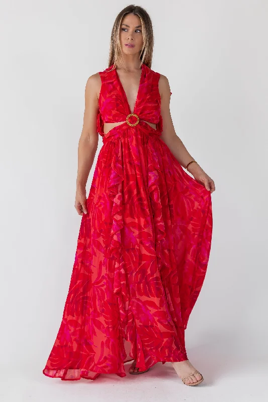 Maxi dress with retro style-Athena Red Cutout Maxi Dress