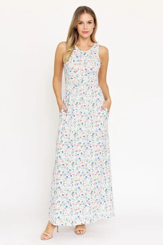 Maxi dress with retro vibe-Pastel Floral Sleeveless Maxi Dress