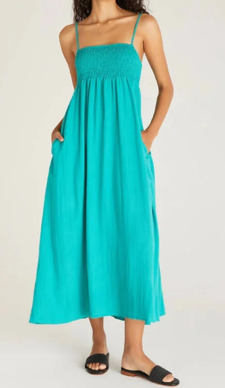 Midi dress with tie waist-Beachside Midi Dress In Tropical Teal