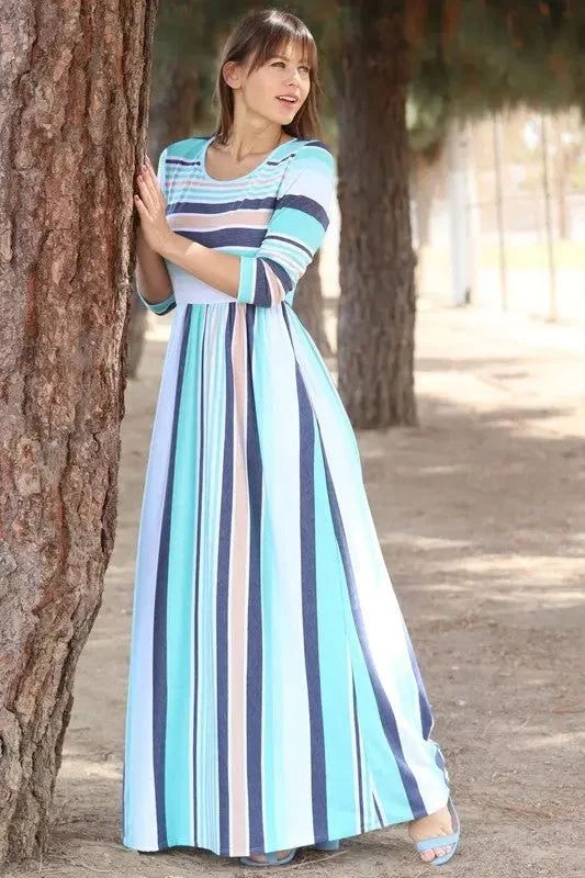 Maxi dress with draped bodice-Quarter Sleeve Stripe Maxi Dress