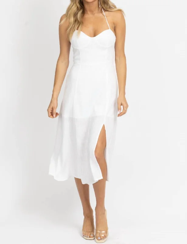 Midi dress with knot front-Bustier Halter Linen Midi Dress In Ivory