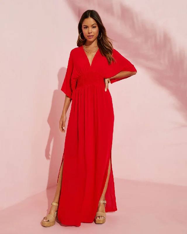 Maxi dress for a night out-Kimona Smocked Kimono Maxi Dress