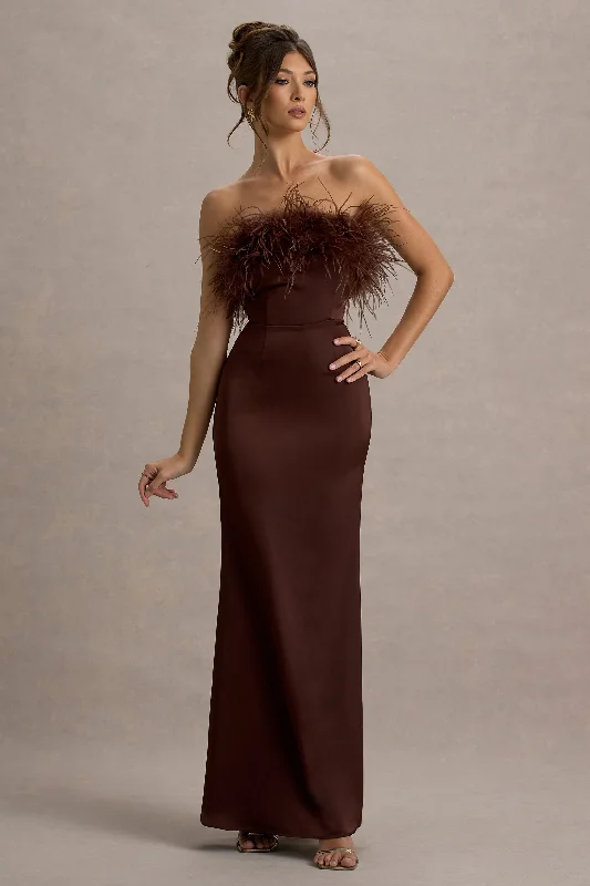 Maxi dress with faux leather-Dress For It | Brown Satin Feather Trim Maxi Dress