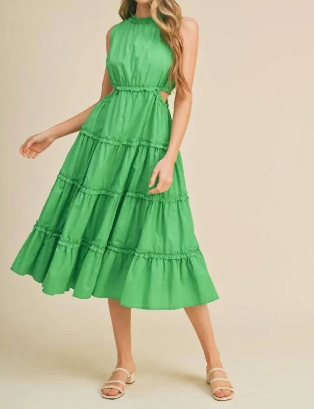 Midi dress with cut-out details-Ruffle Tiered Cut-Out Midi Dress In Green