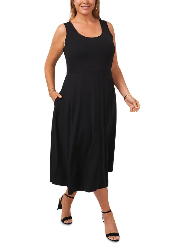 Midi dress with cowl neck-Plus Womens Stretch Mid Calf Midi Dress