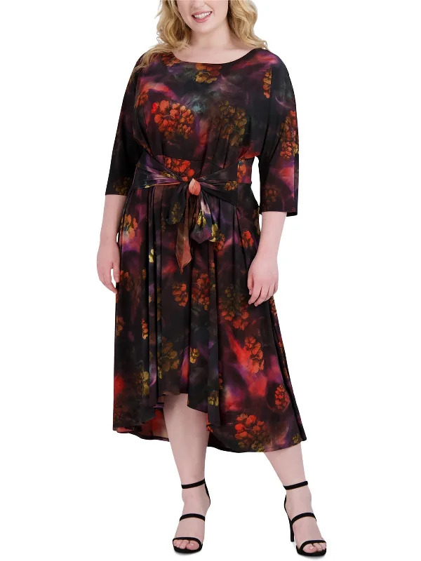 Midi dress with smocked bodice-Plus Womens Floral Print Tea Midi Dress