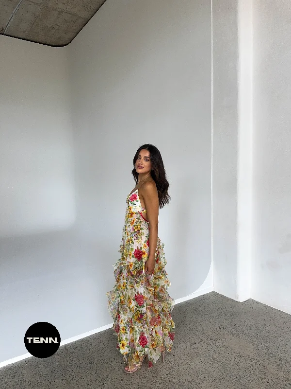 Maxi dress with retro vibe-Iris Flower Maxi Dress - Baroque