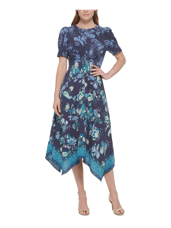 Midi dress with geometric pattern-Womens Floral Print Puff Sleeve Midi Dress