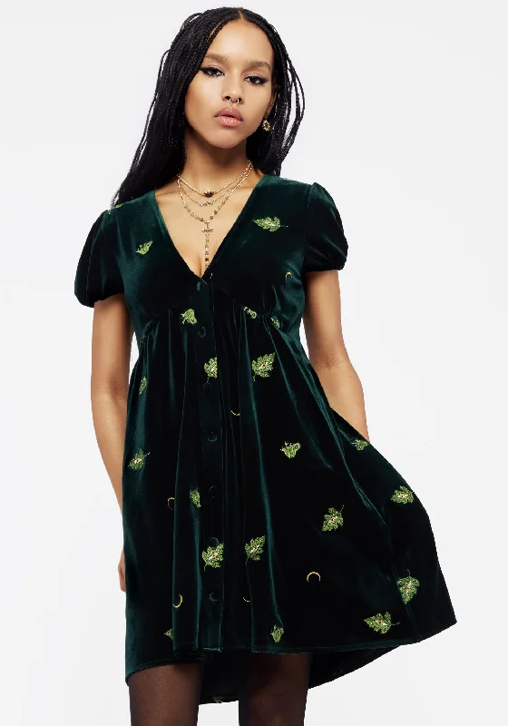 Trumpet sleeve mini dress-Swamplife Frog Embroidered Velour Button Up Mini Dress