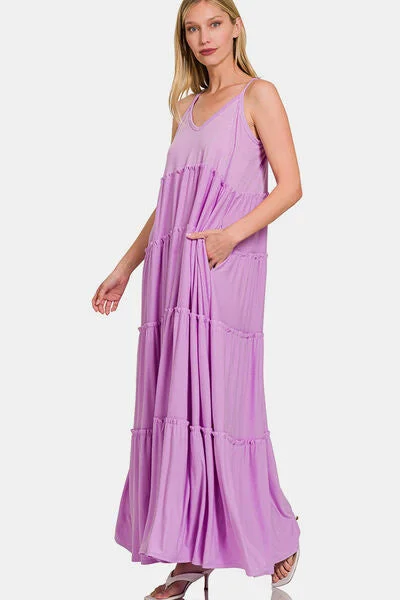 Maxi dress with trumpet sleeves-Frill Tiered V-Neck Maxi Cami Dress