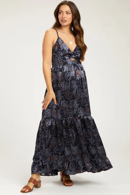 Maxi dress with unique patterns-Navy Printed Front Twist Maternity Maxi Dress