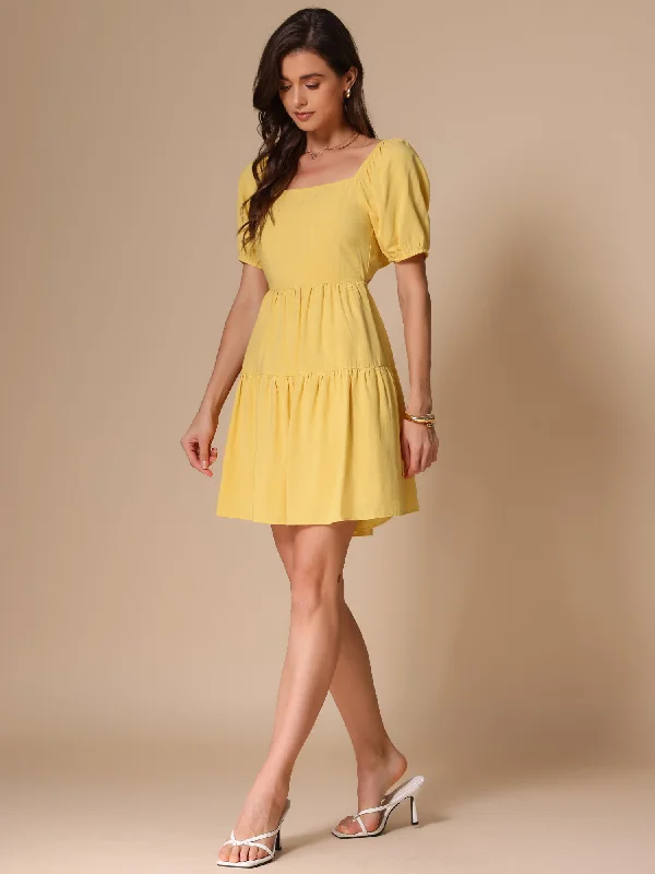 Minimalist mini dress-Square Neck Puff Sleeve Back Bow Tiered Mini Dress