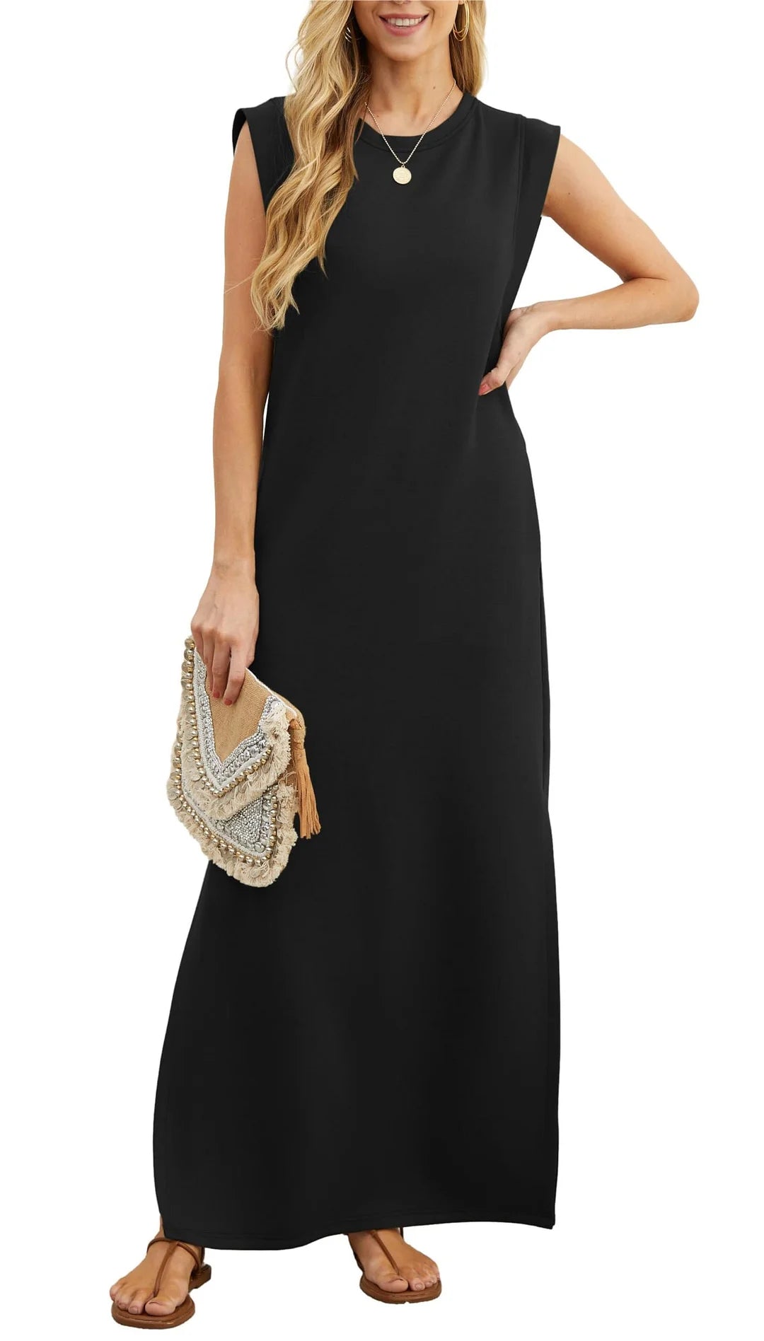 Maxi dress with asymmetrical hem-Britt - Comfortable wrinkle free maxi dress