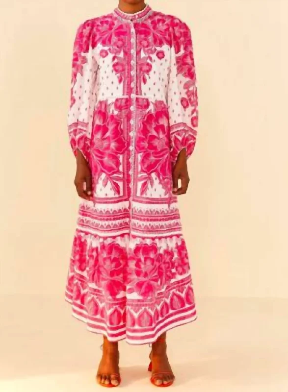 Midi dress with tulip hem-Pink Tropical Woodcut Midi Dress In Pink/white