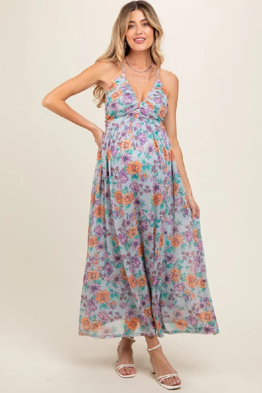 Maxi dress with shimmer effect-Light Blue Floral Mesh Sleeveless Maternity Maxi Dress