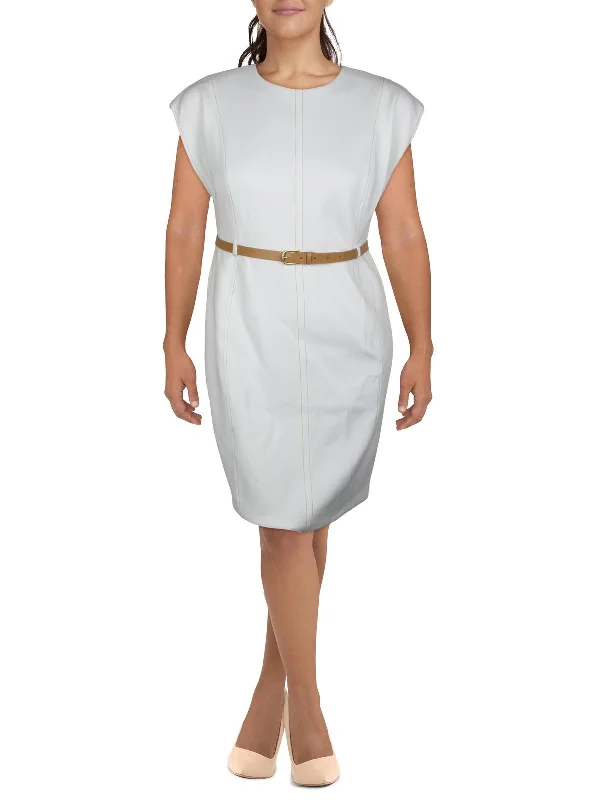 Midi dress with tiered layers-Womens Belted Midi Sheath Dress