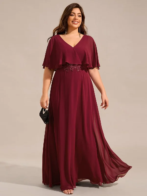 Maxi dress with satin fabric-Plus Size Chiffon Formal Maxi Dress with Batwing Sleeves