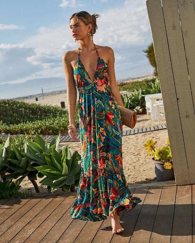 Maxi dress with cap sleeves-Ophira Tropical Print Maxi Dress