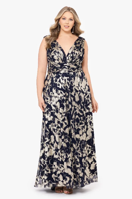 Maxi dress with bohemian vibes-Plus "Maria" Long Foil V-Neck Floor Length Dress