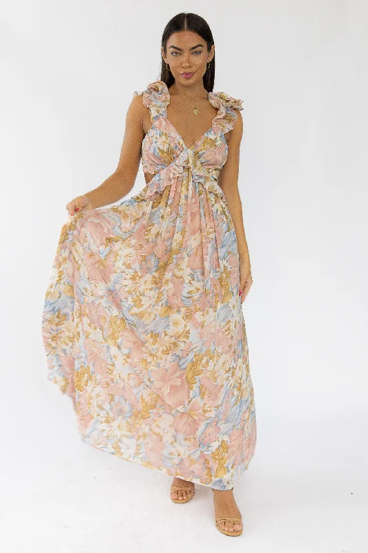 Maxi dress with tropical print-Liana Pink Floral Cutout Maxi Dress