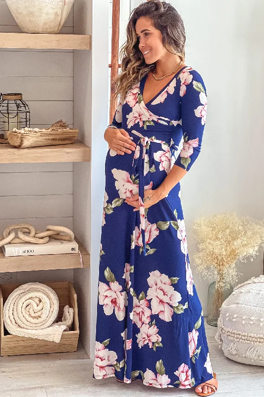 Maxi dress with sporty look-Navy and Pink Floral Maternity Maxi Dress with Tie