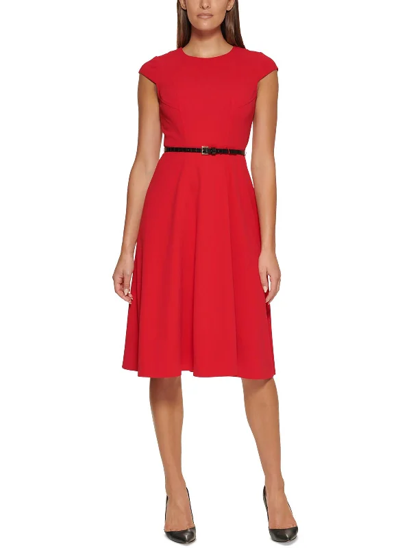 Midi dress with frilly details-Womens Cap Sleeves Midi Wear to Work Dress