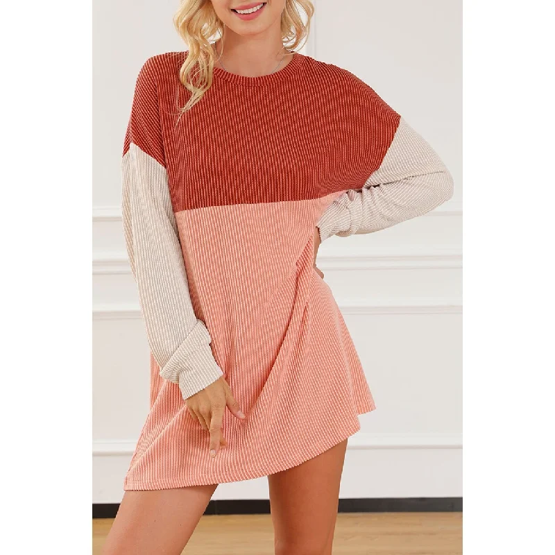 Crochet mini dress-Eva Colorblock Corded Long Sleeve Mini Dress