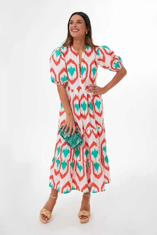 Maxi dress with neon colors-Coral Odisha Puff Sleeve Maxi Dress