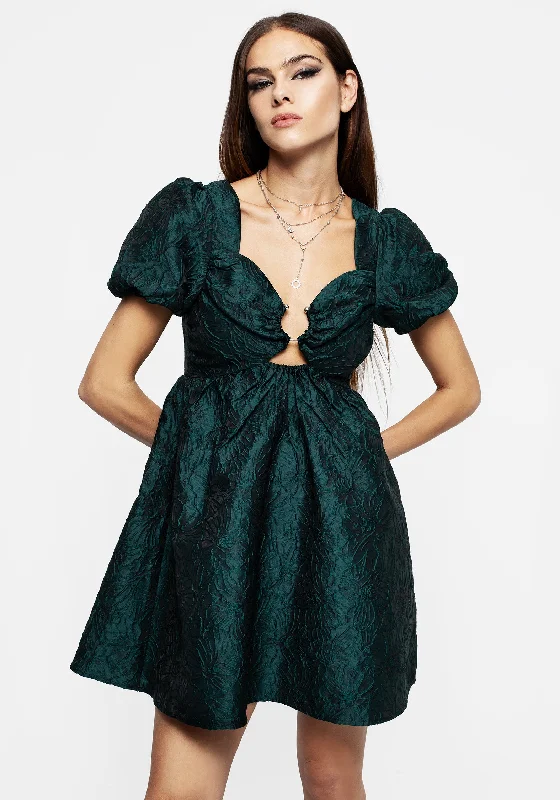 Wrap mini dress-Tiffany Jacquard Puff Sleeve Mini Dress - Green