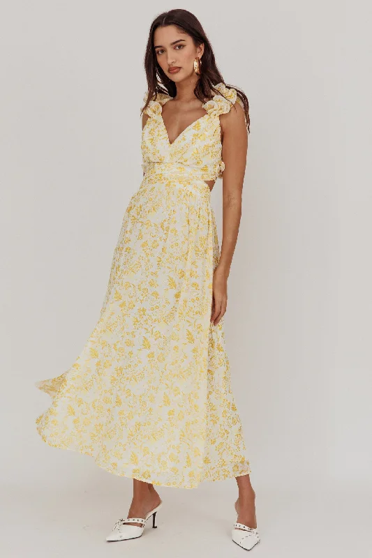 Maxi dress with sweetheart neckline-Madara Lace-Up Back Maxi Dress Floral Yellow