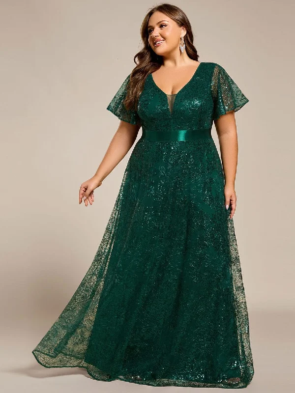 Maxi dress with sheer panels-Plus Size Illusion Sequin V-neck Short Sleeve Maxi Formal Dress