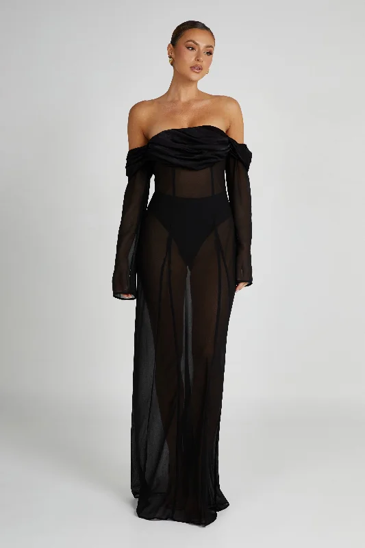 Maxi dress with shimmer effect-Ivanna Off Shoulder Chiffon Maxi Dress - Black