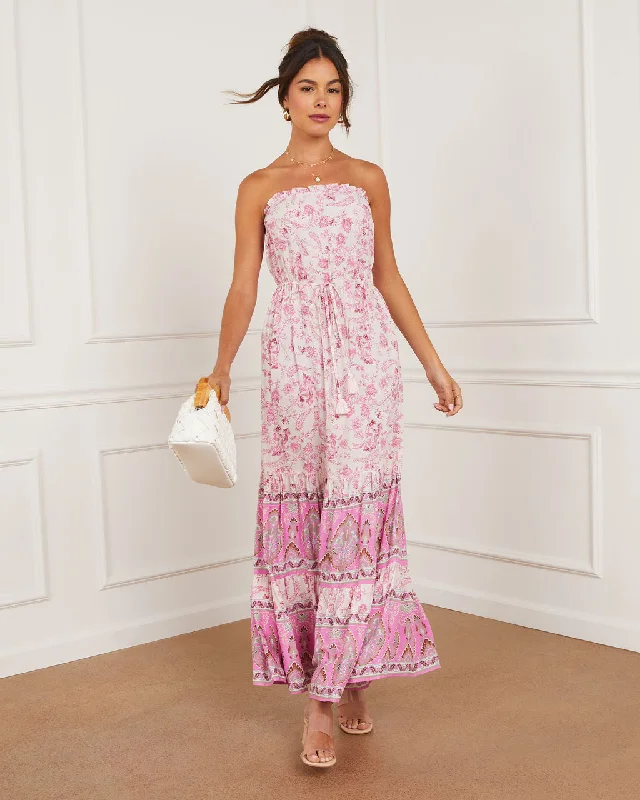 Maxi dress with shimmer effect-Fia Strapless Border Print Tie Waist Maxi Dress