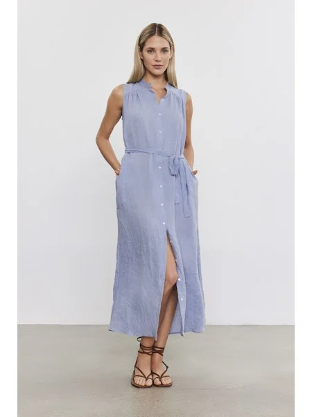 Maxi dress with plunging neckline-WOVEN LINEN MAXI DRESS