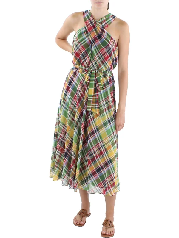 Midi dress with beaded details-Womens Plaid Midi Halter Dress