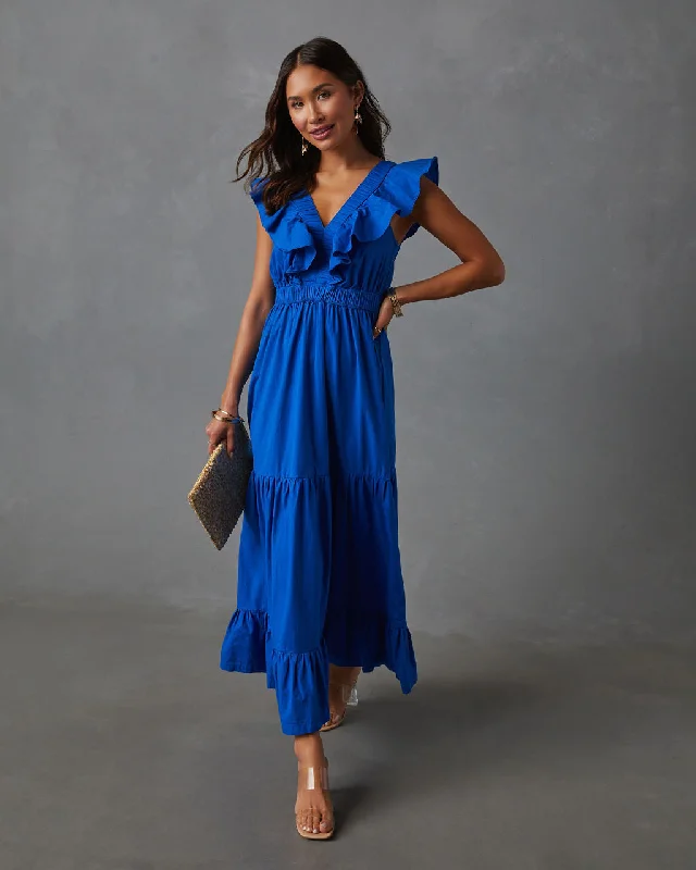 Maxi dress with off-shoulder neckline-Minerva Tiered Ruffle V-Neck Maxi Dress