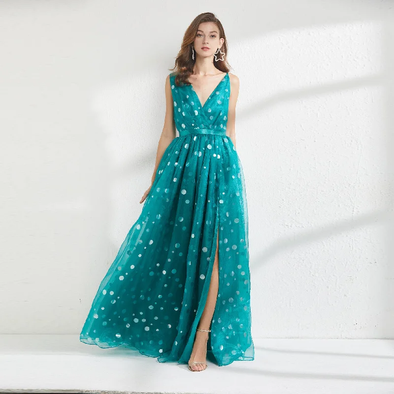 Maxi dress with beaded details-Daisy Sleeveless Slit Tulle Maxi Dress