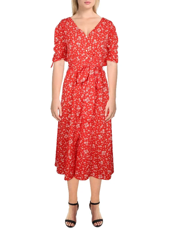 Midi dress with high neckline-Womens Ruched Midi Shirtdress