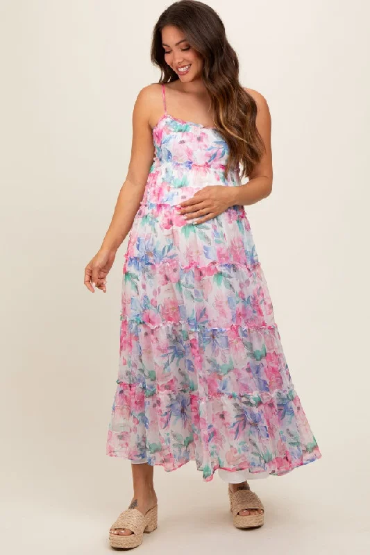 Maxi dress with bold colors-Multicolor Floral Chiffon Ruffle Tiered Maternity Maxi Dress