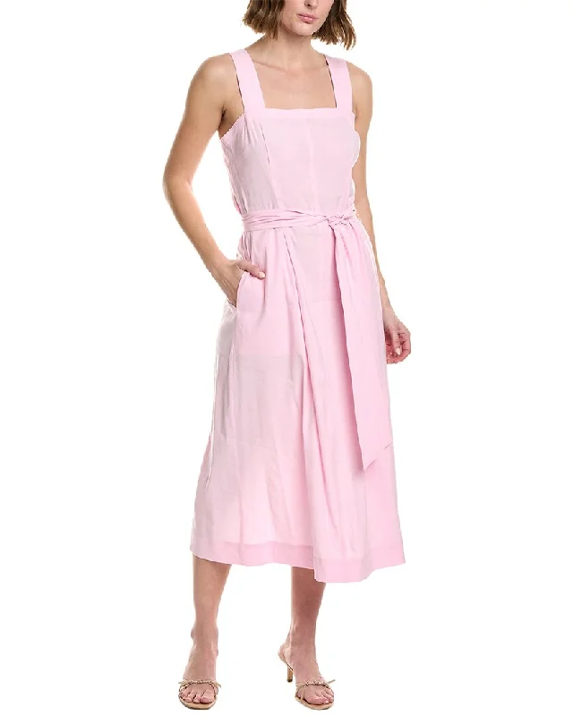 Midi dress with racerback style-Vince Belted Square Neck Linen-Blend Midi Dress