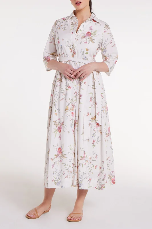 Maxi dress with adjustable straps-Francesca Collared Belted Maxi Dress in White Floral