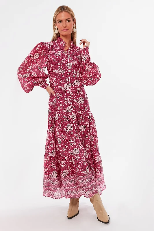 Casual maxi dress for daytime-Magenta Mulberry High Neck Button Maxi Dress