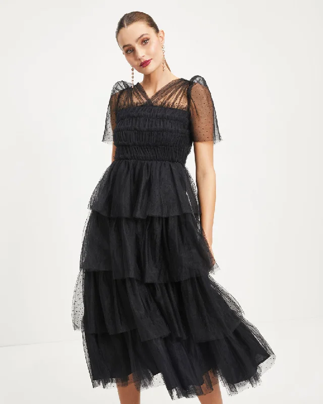 Maxi dress with patchwork design-Night At The Opera Tulle Tiered Polka Dot Maxi Dress