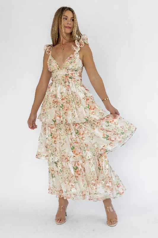 Maxi dress with minimalist design-Carmen Cream Floral Maxi Dress