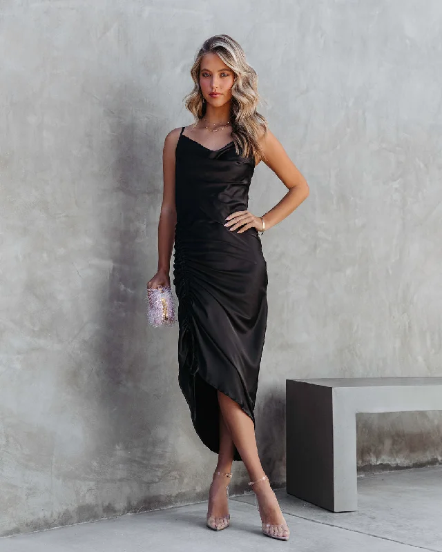 Maxi dress with illusion sleeves-Juliana Satin Cowl Neck Ruched Asymmetrical Maxi Dress