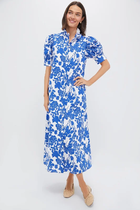 Maxi dress with trumpet sleeves-Blue Floral Ruffle Collar Louisa Maxi Dress