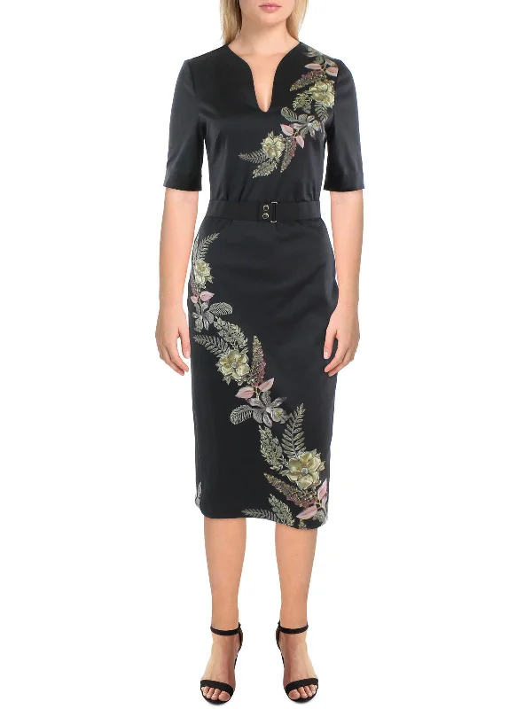 Midi dress with glitter accents-Womens Floral Midi Bodycon Dress